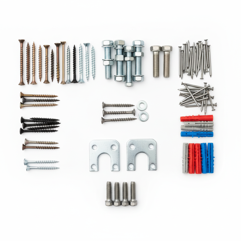 Assorted construction fixings including bolts, screws, nails, brackets and wall plugs arranged neatly
