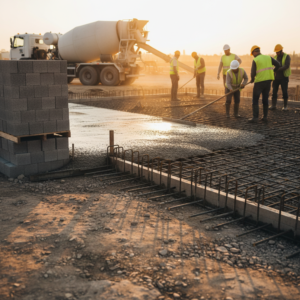 Concrete foundation being poured with steel rebar reinforcement at a construction site